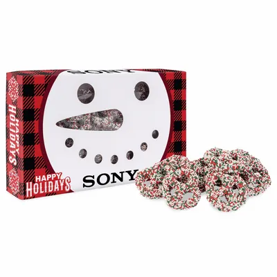 Snowman Die Cut Box with Milk Chocolate Christmas Mini Pretzels - Custom Flying Discs