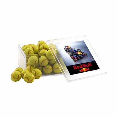 Acrylic Box with Chocolate Tennis Balls - Large - Custom Flying Discs