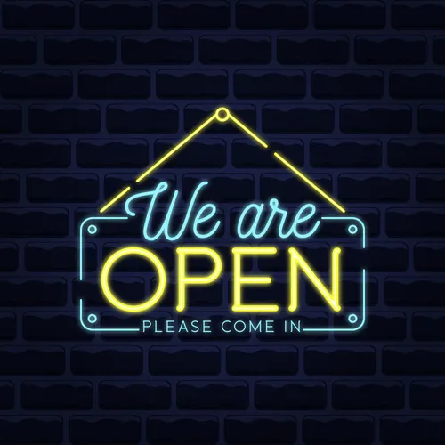 We Are Open Blue and Yellow Neon Sign - Custom Flying Discs