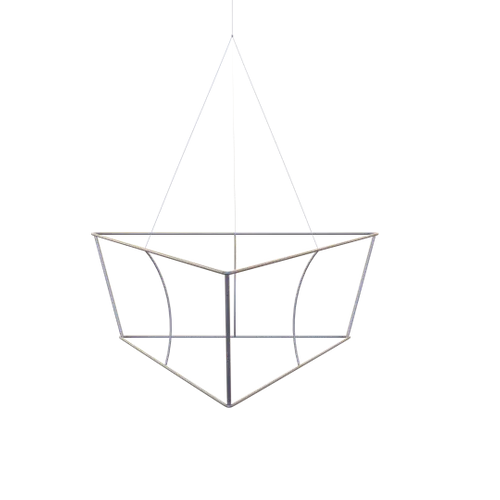 A hanging truss structure for displaying signage, possibly for a trade show booth or event.