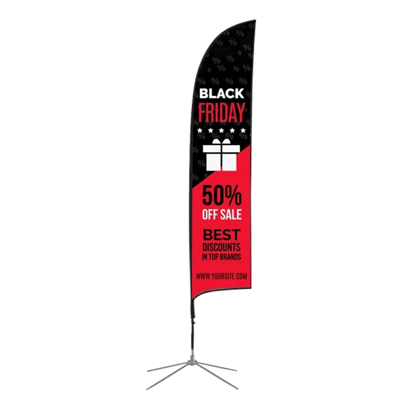 A vertical Black Friday promotional banner with stand, featuring a 50% off sale advertisement with a website URL at the bottom.